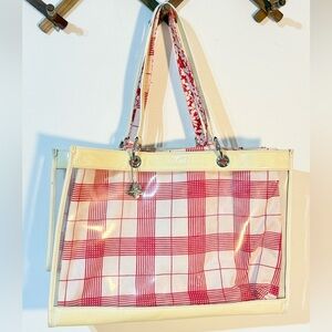 Burberry transparent offwhite leather trim red and white floral inner fabric bag
